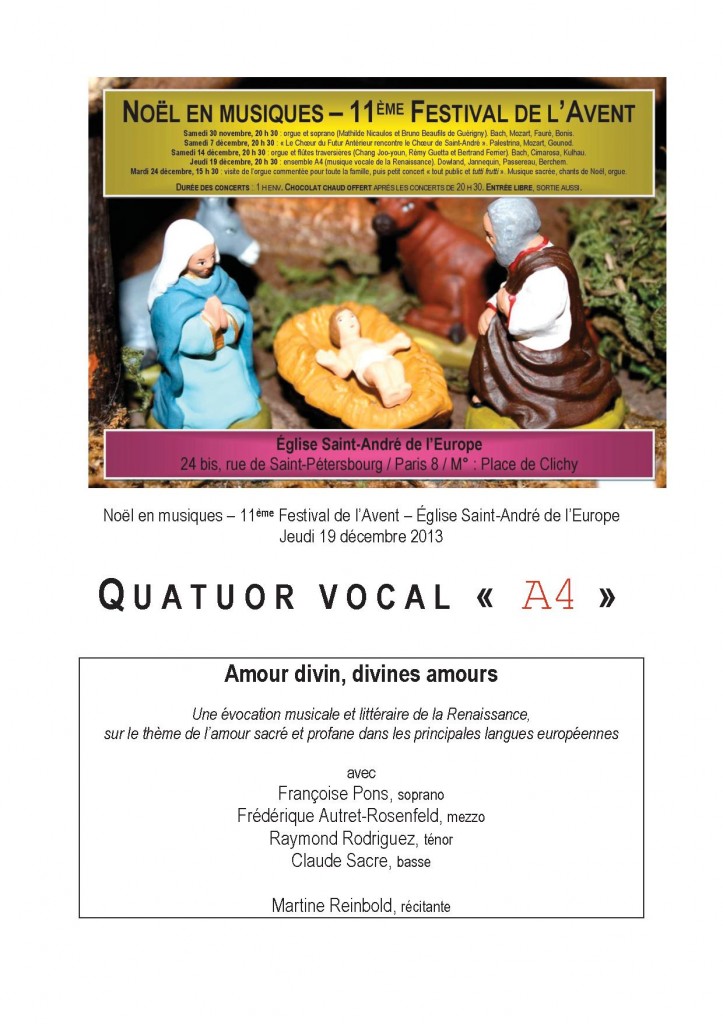 Concert à l'église Saint-André de l'Europe. Jeudi 19/12, 20 h 30. Musique vocale de la Renaissance. Entrée libre.